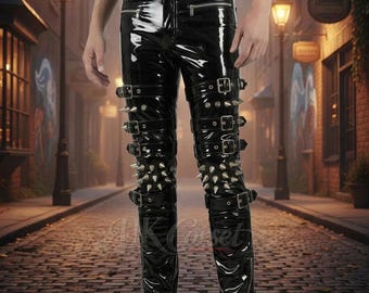PVC Vinyl Biker Pants - Cyberpunk Spiked Gothic Trousers - Alternative Streetwear with Silver Studs and Buckle Straps Techwear PVC Trousers