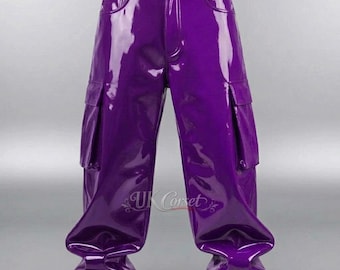 High Gloss PVC Cargo Pants, Cyberpunk Techwear Trousers, Wide Leg Goth Streetwear