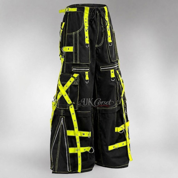 Techwear Cargo Pants with Straps, Gothic Neon Yellow Wide Leg Pants, Industrial Streetwear Trousers, Custom Strap & Stitch Color, Unisex
