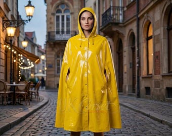 High Shine PVC Vinyl Hooded Cloak - Vibrant Purple Gothic Rain Cape - Alternative Techwear Festival Poncho - Waterproof Glossy Coat