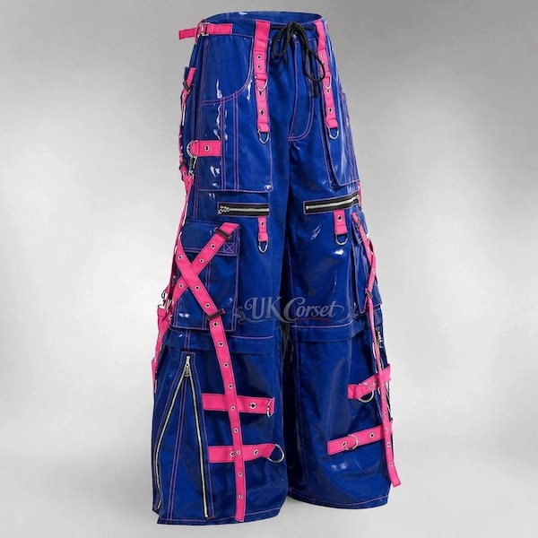 Pantalones cyberpunk de PVC, pantalones góticos de pierna ancha con tiras, ropa unisex para festivales rave, pantalones cargo de estilo techwear, ropa urbana alternativa.