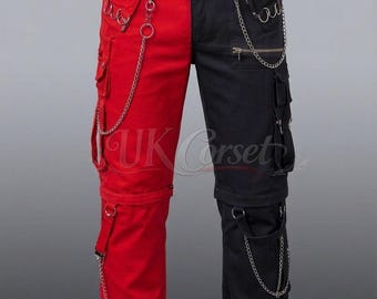 Custom Two-Tone Techwear Cargo Pants | Split Leg Cyberpunk Tactical Streetwear | Gothic Industrial Multi Pocket Trouserswith Chains & Straps