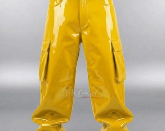 High Gloss PVC Cargo Pants, Cyberpunk Techwear Trousers, Wide Leg Goth Streetwear