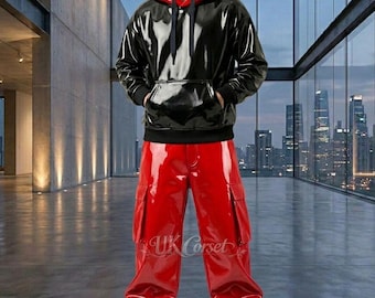 High-Gloss PVC Cargo Trousers & Hoodie Set - Cyberpunk Streetwear - Custom Color Options - Unisex Industrial Gothic Rave Outfit