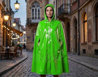 High Shine PVC Vinyl Hooded Cloak - Neon Green Gothic Rain Cape - Alternative Techwear Festival Poncho - Waterproof Glossy Coat