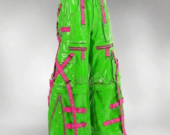 PVC Cyberpunk Pants, Wide Leg Gothic Strap Pants, Unisex Rave Festival Wear, Techwear Cargo Trousers, Alternative Streetwear