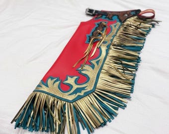Handcrafted Red Tooled Leather Chaps for Men, Bold Cowboy Western Style