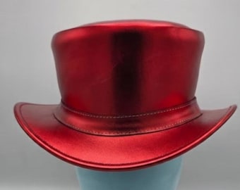 Handmade Metallic Red Leather Top Hat, Gothic Steampunk Costume and Gift For Him