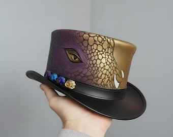 Leather Dragon Top Hat with Eye Artwork: Handmade Fantasy Cosplay Hat For Men & Women