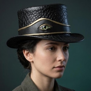 Handmade Black Croc-Embossed Leather Top Hat: Steampunk Victorian Style, Halloween Gift