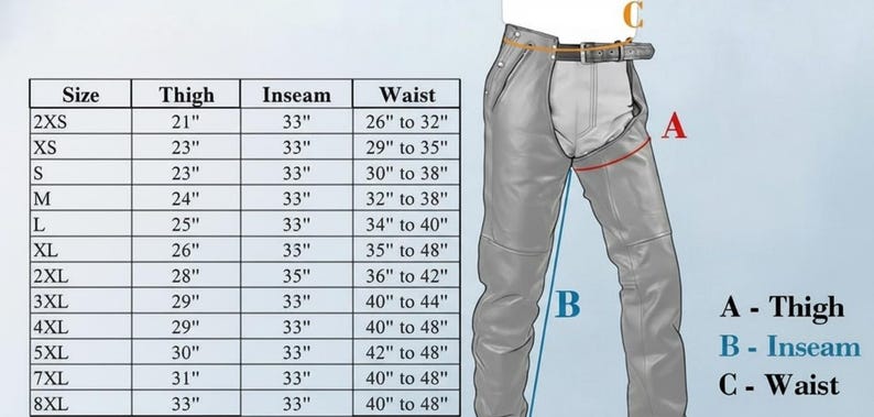 Pode incluir: Cal&ccedil;as de couro cinzentas com uma tabela de tamanhos mostrando as medidas da coxa, entrepernas e cintura. As cal&ccedil;as t&ecirc;m um cinto e s&atilde;o mostradas com as medidas rotuladas A (Coxa), B (Entrepierna) e C (Cintura).