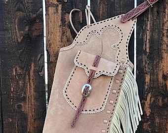 Calças de camurça feitas à mão para homem, estilo cowboy ocidental com franjas.