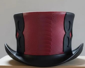 Leather Top Hat: Red Black Genuine Steampunk Gothic Hat