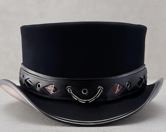 Black Suede Leather Steampunk Top Hat with Gothic Chain Band For Men & Women