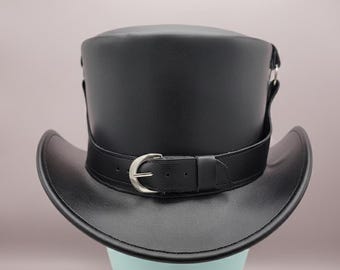Handmade Black Leather Top Hat: Steampunk Gothic Victorian Biker Style, Halloween Gift