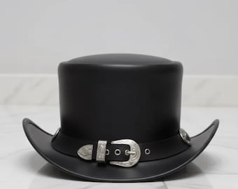 Black Leather Top Hat Handmade – Steampunk Western Style Hat for Father's Day