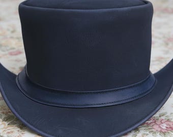 Blue Wax Leather Steampunk Top Hat: Handmade Victorian Style Hat