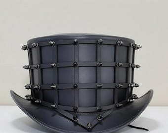 Handmade Black Leather Spiked Top Hat: Bold Gothic Cage Hat for Father's Day