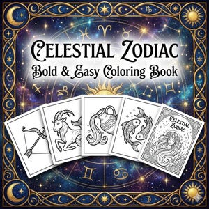May include: A coloring book titled "Celestial Zodiac" with the subtitle "Bold & Easy Coloring Book." The cover features a celestial background with zodiac symbols and a gold border. Several coloring pages are visible, each with a zodiac sign illustration.