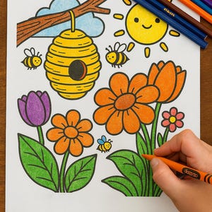 May include: A coloring page with a spring theme, featuring a yellow beehive, smiling sun, bees, and various flowers. Colored pencils are placed at the top. A hand is coloring an orange flower with a crayon.