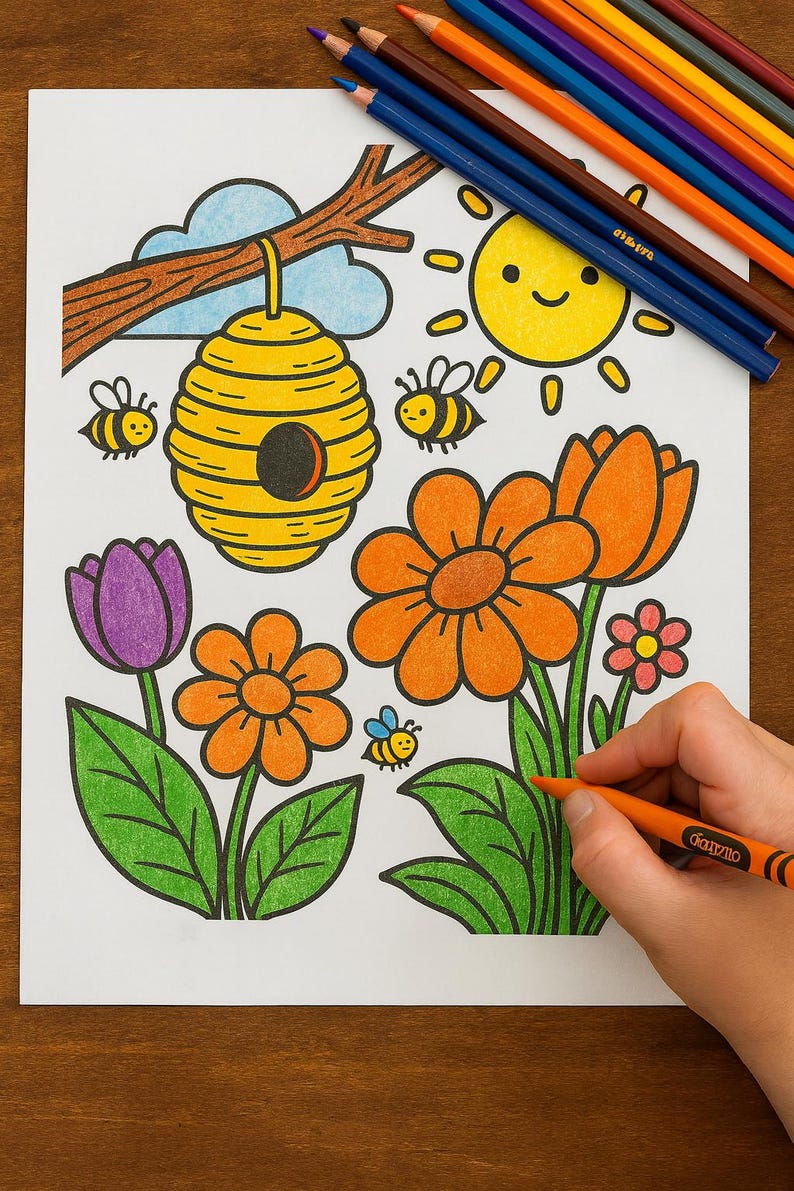 May include: A coloring page with a spring theme, featuring a yellow beehive, smiling sun, bees, and various flowers. Colored pencils are placed at the top. A hand is coloring an orange flower with a crayon.