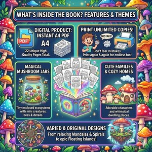 May include: A digital product advertisement with a whimsical mushroom theme. The image features a PDF icon, a stack of A4 pages, and text that reads "What's Inside The Book? Features & Themes." Other elements include a jar with mushrooms, and a book with colorful illustrations.