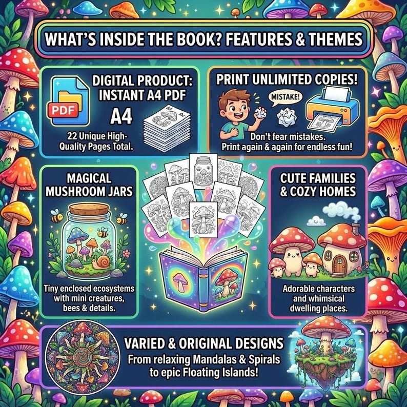 May include: A digital product advertisement with a whimsical mushroom theme. The image features a PDF icon, a stack of A4 pages, and text that reads "What's Inside The Book? Features & Themes." Other elements include a jar with mushrooms, and a book with colorful illustrations.