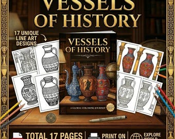 Páginas para colorear de jarrones históricos, arte de línea audaz, arte de cerámica (descarga digital)