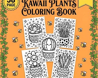Kawaii Plants Coloring Book, Bold Line Art (Digital Download)