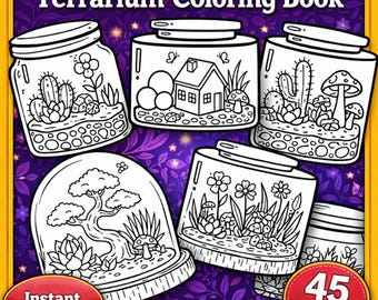 Libro para colorear de terrarios, 45 páginas en PDF imprimible, líneas definidas y diseños sencillos para todas las edades