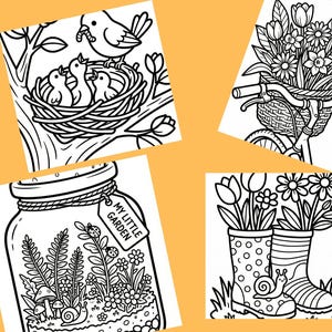 May include: Black and white line art illustrations of garden-themed images. Includes a bird feeding chicks in a nest, a bicycle with a basket of flowers, a terrarium jar with the text "MY LITTLE GARDEN", and a pair of rain boots with flowers and a snail.
