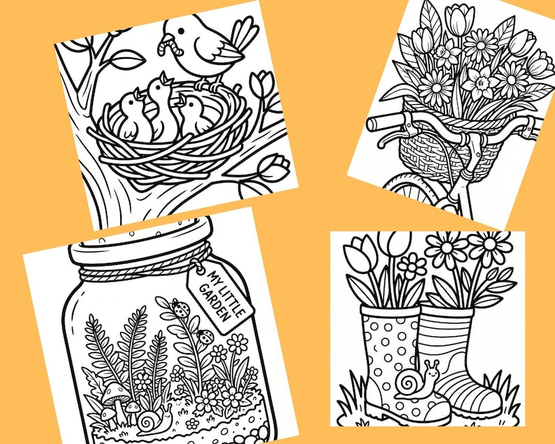 May include: Black and white line art illustrations of garden-themed images. Includes a bird feeding chicks in a nest, a bicycle with a basket of flowers, a terrarium jar with the text "MY LITTLE GARDEN", and a pair of rain boots with flowers and a snail.