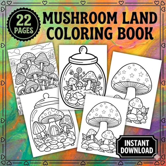Mushroom Coloring Book, Kawaii Thick Line Art, Magical Forest (PDF Pages)