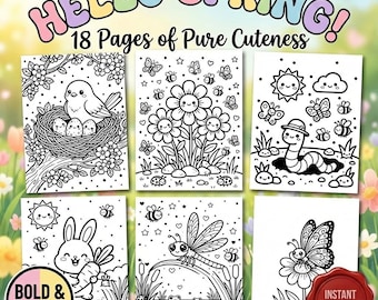Kawaii Spring Coloring Book, Bold Easy Lines, Spring Animals, Flowers (PDF)