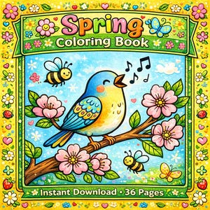 Spring Coloring Book for Kids, 36 Pages (Printable PDF) image 1