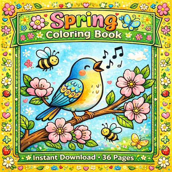Spring Coloring Book for Kids, 36 Pages (Printable PDF)