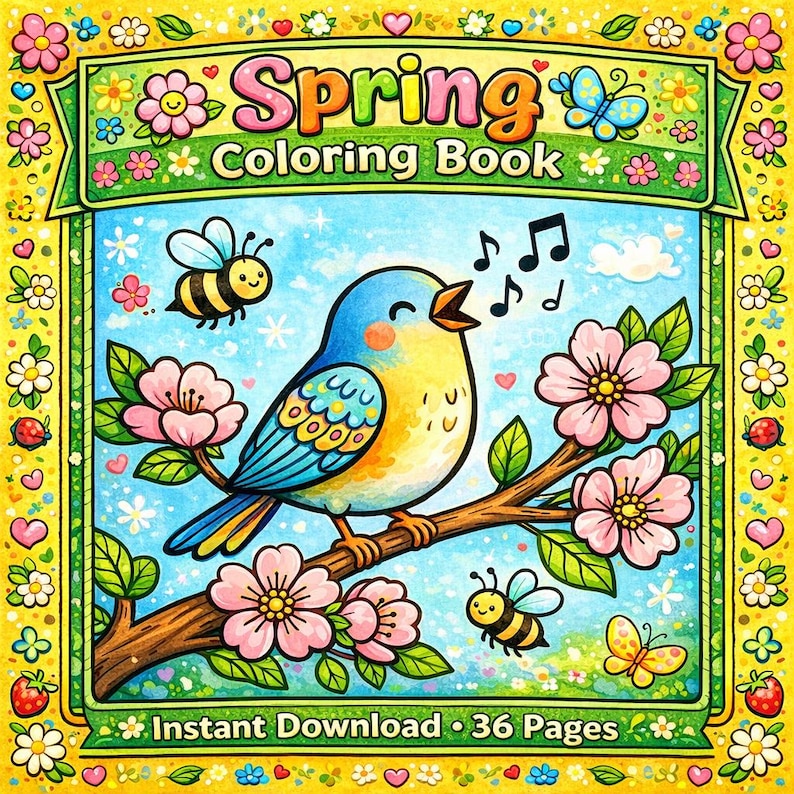 Spring Coloring Book for Kids, 36 Pages (Printable PDF) image 1