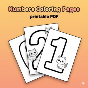 May include: Three white coloring pages with large black numbers and cartoon kittens. The pages are labeled "Numbers Coloring Pages printable PDF" in a playful font. The numbers are 2, 1, and a partial number.