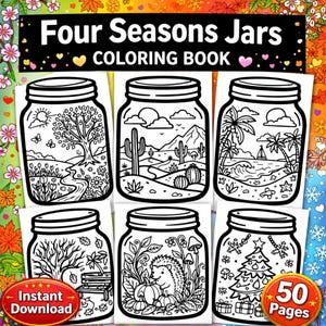 Målarbok 4 årstider i masonburkar, naturscener (PDF-mönster)