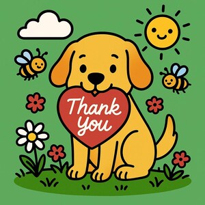 May include: A cartoon illustration of a yellow dog holding a red heart with the words "Thank You". The image includes a smiling sun, bees, flowers, and a cloud on a green background.