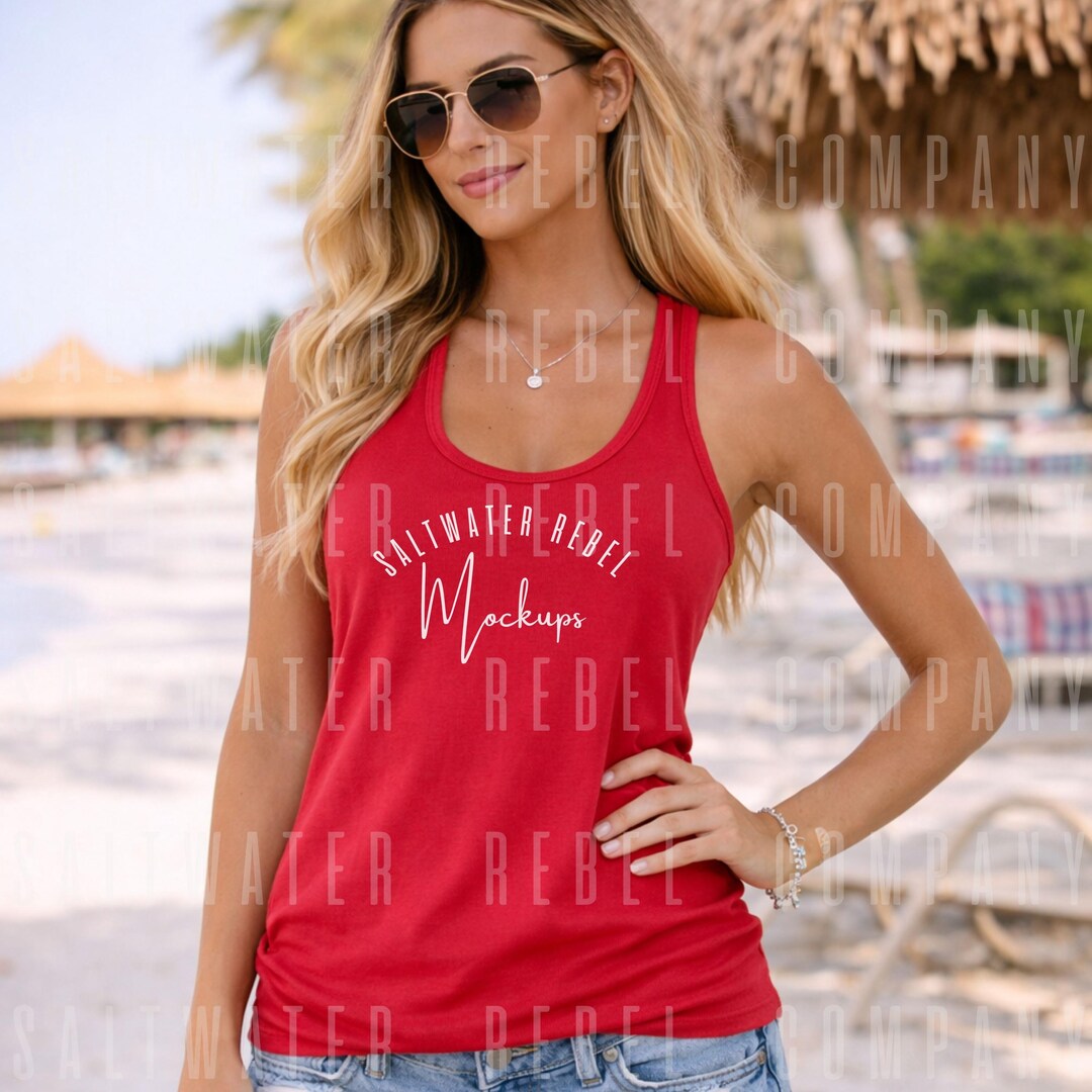 Red Racerback Tank Next Level 1533 Red Racerback Tank Mockup: Beach Lifestyle, Coastal ...