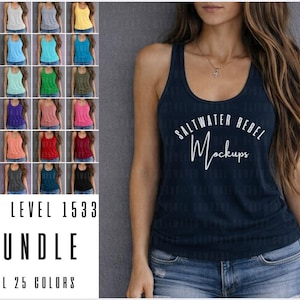 May include: A navy blue tank top with the text "SALTWATER REBEL Mockups" in white. The image also displays a grid of 25 tank tops in various colors, including white, gray, yellow, blue, green, and pink. Text on the left reads "NEXT LEVEL 1533 BUNDLE ALL 25 COLORS."