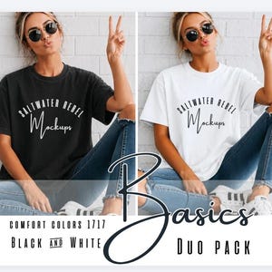 May include: A black and a white t-shirt with the text "Saltwater Rebel Mockups" in a script font. The shirts are part of a "Basics Duo Pack" and are Comfort Colors 1717.