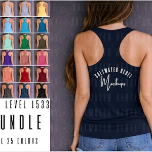 May include: A navy blue racerback tank top with the text "SALTWATER REBEL Mockups" in white. The image also displays a bundle of 25 tank tops in various colors, including white, gray, and black.