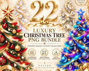 Op de afbeelding: Een digitaal pakket met 22 luxe kerstboom PNG-afbeeldingen met diverse versierde bomen in rood, goud, blauw en zilver. De afbeelding bevat de tekst 22 LUXURY CHRISTMAS TREE PNG BUNDLE en ELEGANT HOLIDAY CLIPART COLLECTION.