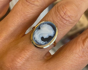 Blue Agate Mermaid Cameo Ring Hand Carved Nautical Jewelry, Sea Goddess Gift for Her, Vintage Ocean Spirit Ring Unique Anniversary Gift Ring