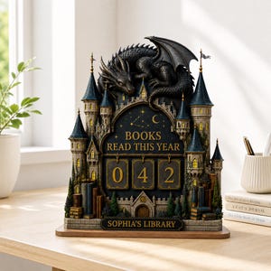 Personalized Dragon Castle Reading Tracker – Gothic Fantasy Wooden Book Counter