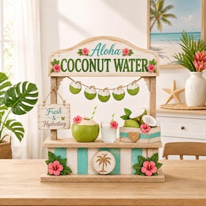 Aloha Coconut Water Stand - Personalized Tropical Summer Wooden Shelf Decor, Beach House Display, Hawaiian Sign, Coastal Home Gift