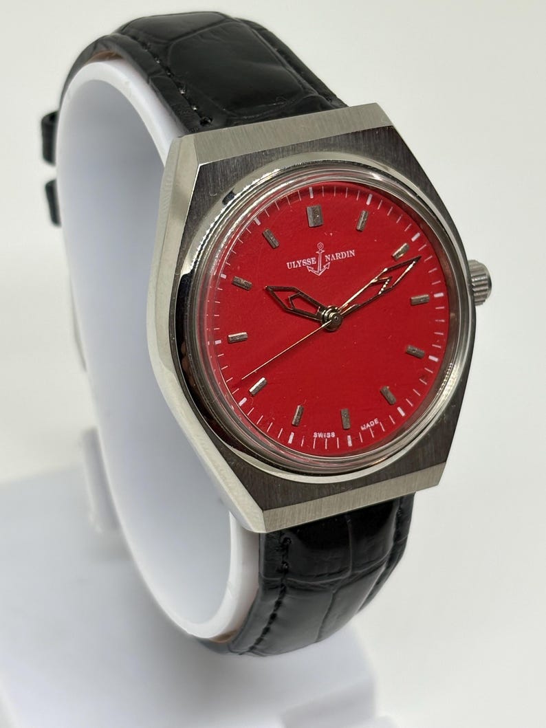 Reloj de pulsera vintage Ulysse Nardin para hombre, 17 joyas, cuerda manual, fabricado en Suiza, esfera roja. imagen 4