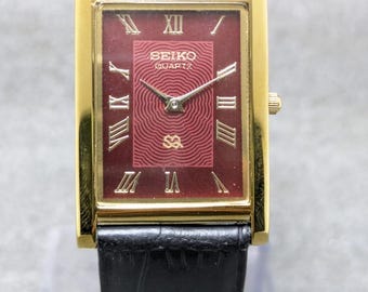 Vintage Seiko Quartz Tank Slim Unisex Rectangle Refurbished Japanese Wrist Watch Red Dial